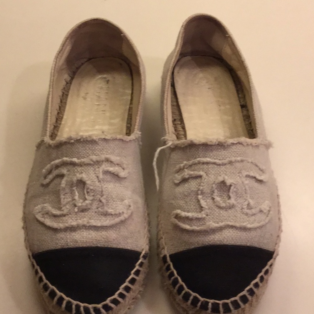Chanel beige/black linen double sole Espadrille